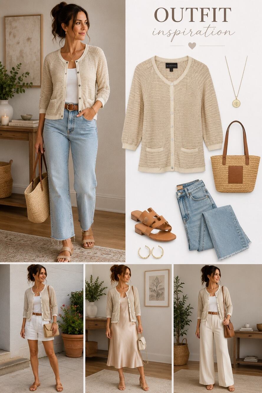 Anthropologie Guinevere XS Linen Blend Metallic Knit Cardigan Cream Beige